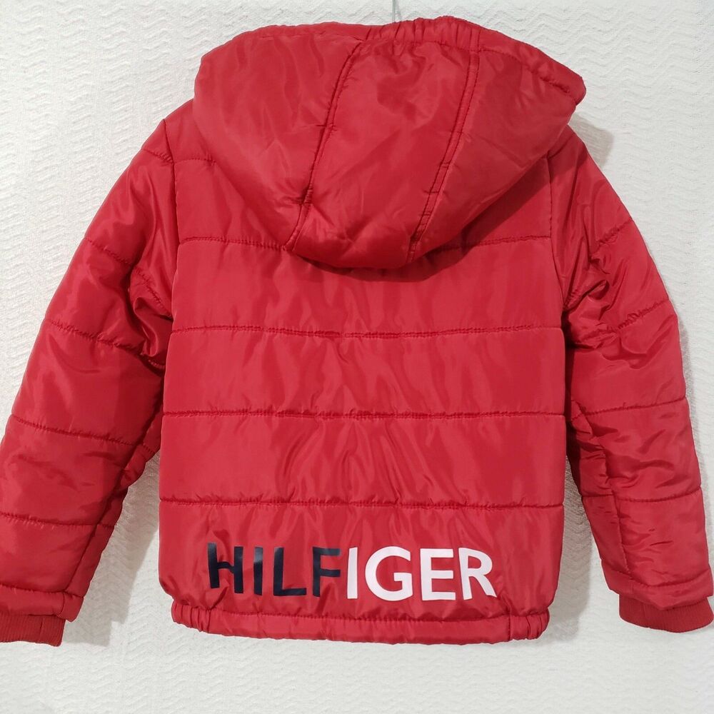 Tommy Hilfiger  Red Warm zip kids Puffer coat w/ Removable Hood LOGO Name Back 7